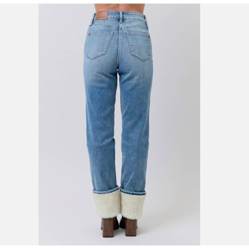 Judy Blue Jeans Womens 7/28 Blue Cotton Blend Stretch Shearling Cuffed Straight - Picture 2 of 10